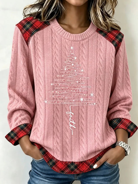 Christmas tree plaid print crew neck long-sleeved casual pullover sweater FF303471