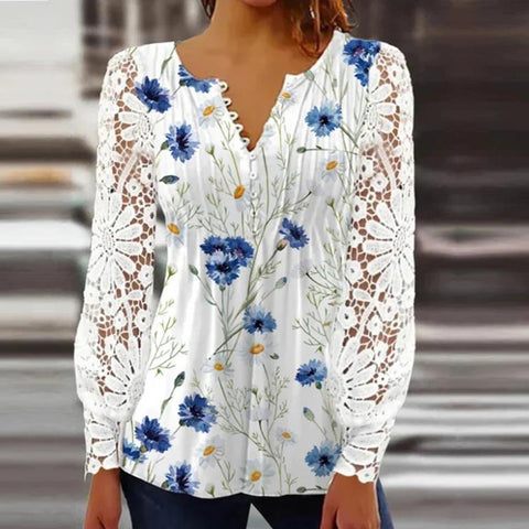 Lace Sleeve Pleated Solid Color Button T-Shirt Bottom Shirt m301333