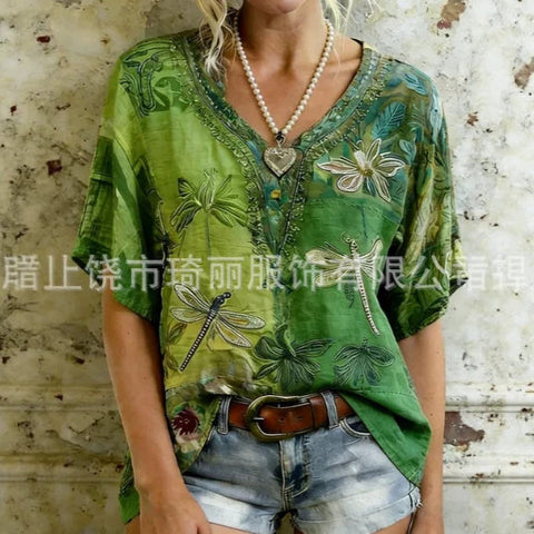 Imitation hemp V-neck shoulder-down short-sleeved top women's FF303345