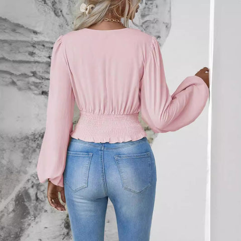 Taille V-ausschnitt tasche ärmel einfarbig faltig frauen langarm top m300997 