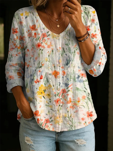 Crew Neck Women's Floral 3D Printed Henley Shirt FF303180