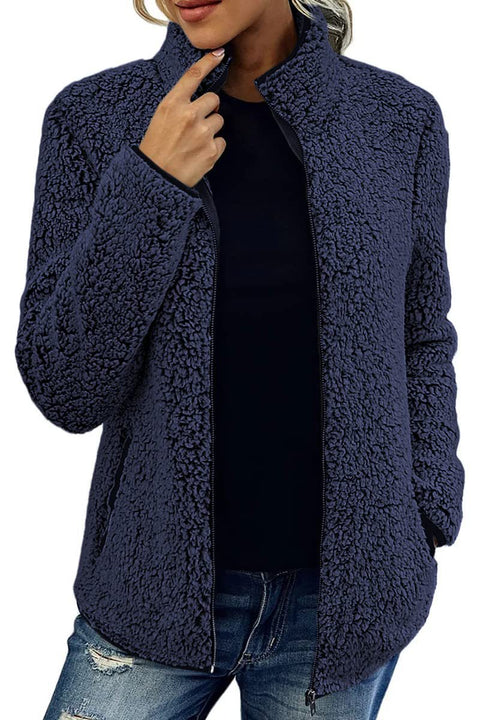 Einfarbiger Top-Pullover für Damen, lässige Mode, langärmelige Reißverschluss-Blasenfleecejacke m300462 