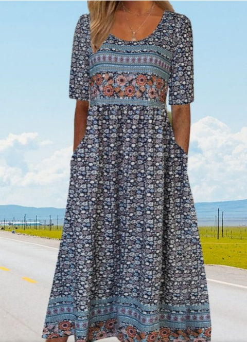 Up and down splicing pocket size printing big wide dress m301712