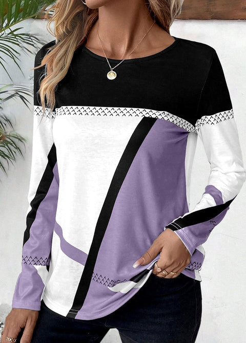 Pullover Rundhalsausschnitt Kontrastfarbe Spleißen Geometrisch bedrucktes Oberteil Damen T-Shirt m300874 