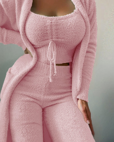 Plush three-piece lace-up pajamas set casual set loungewear m301066