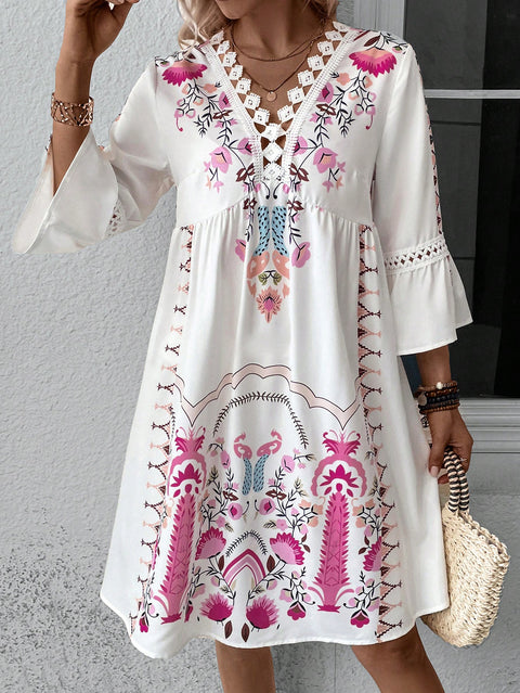 New V-neck lace splicing casual versatile print dress m300993