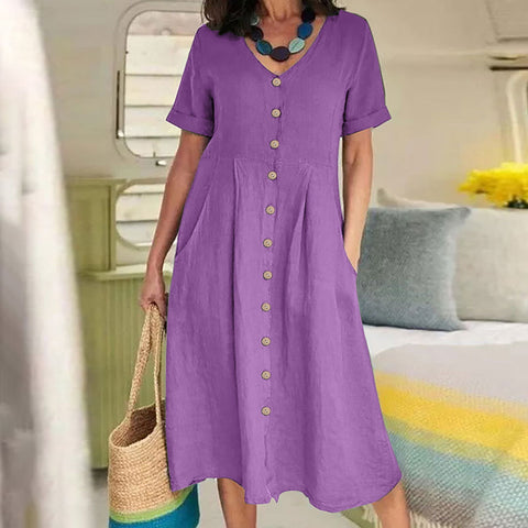 Neues einfarbiges, lockeres Kleid aus Baumwolle und Leinen mit hoher Taille m301192 