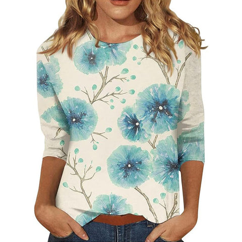 Pull ras du cou à manches sept-quarts et imprimé 3D de fleurs et de plantes m300615 