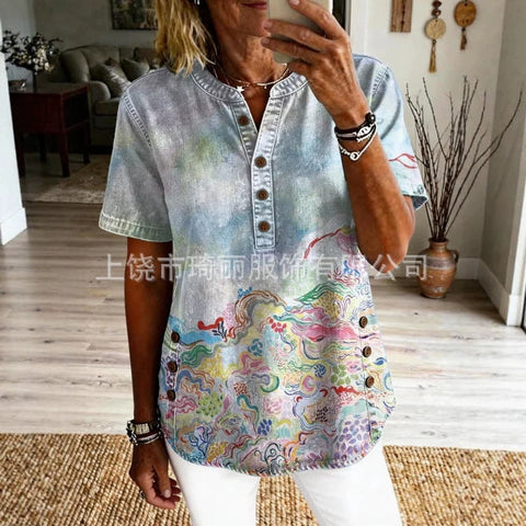 Women's Floral Print V-Neck Casual Women's Short Sleeve Top FF303332