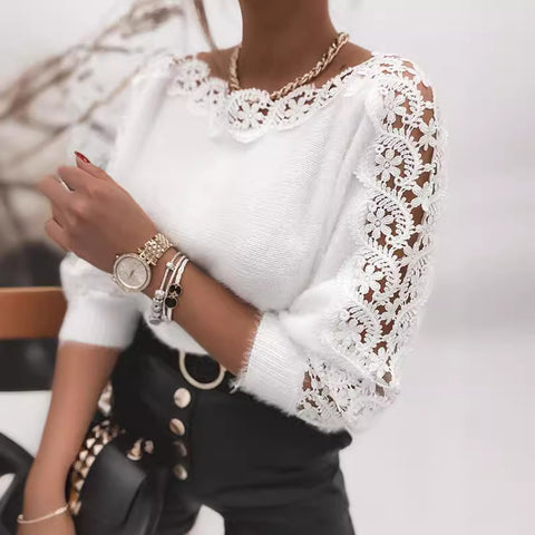 Knitted sweater temperament one-word collar lace splicing sleeves m302237