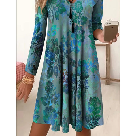 Herbst und Winter V-Ausschnitt hohe Taille Retro allmähliche Veränderung Farbdruck Neunviertelärmel lockeres Kleid m300742 