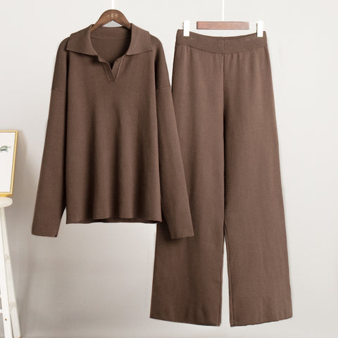 Knitted set European and American autumn and winter sweater set Polo neck knitted jumper + wide-leg trousers two-piece set m301788