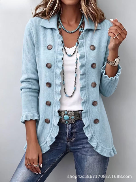 Women's fashion long-sleeved ruffle leaf open button cardigan FF303384 02