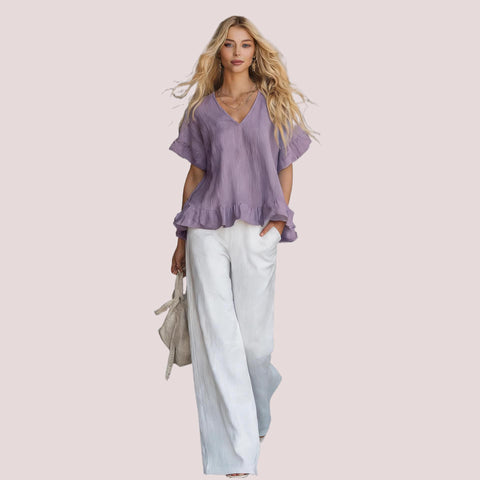 V-neck shirt with ruffle edge Fashion casual short-sleeved top FF303331