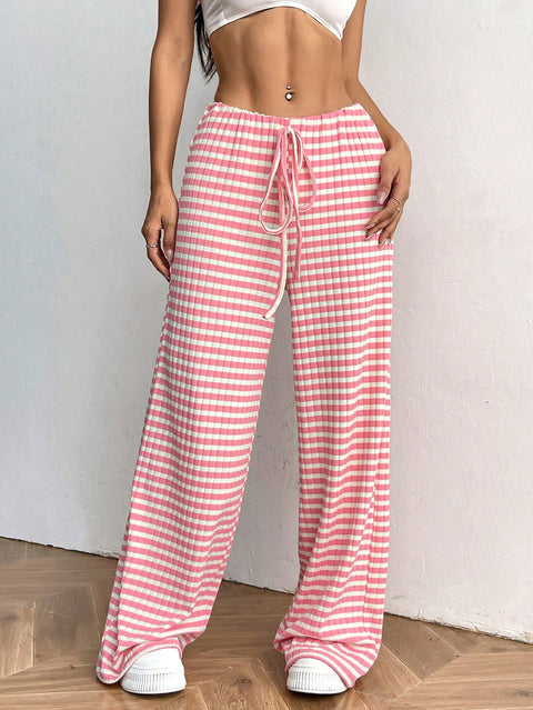New casual striped solid color rubber band pull rope cotton straight pants m301650