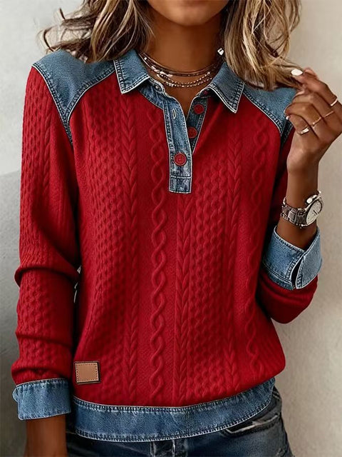 Wind knitted lapel long-sleeved shirt women's autumn and winter versatile casual shirt splicing denim m302241