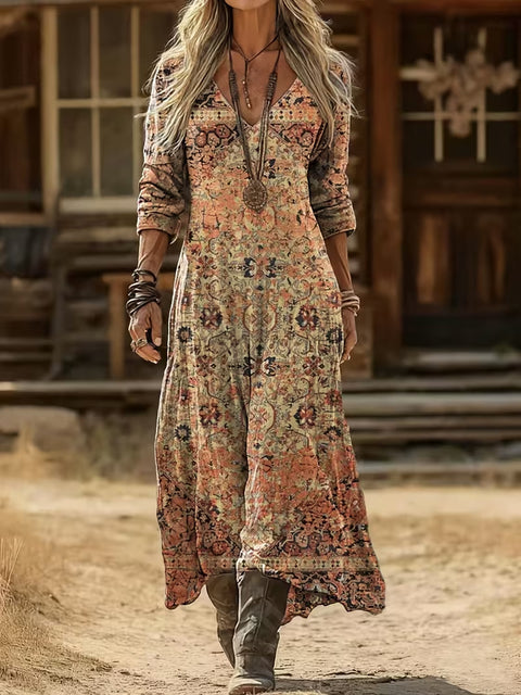 Creative tie-dye 3D printing women's new V-neck long-sleeved dress medium and long dress m302799