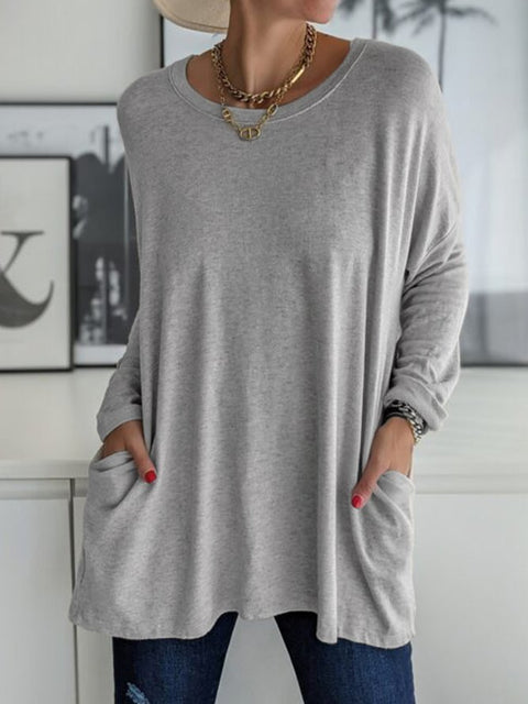 Rundhalsausschnitt Langarm lose Tasche einfarbig T-Shirt lässig Damenbekleidung m301315 