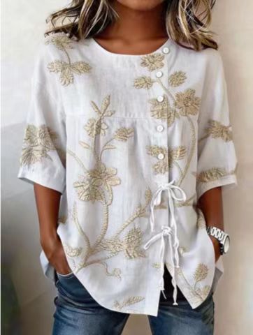 Ladies casual digital print lace-up shirt m302711