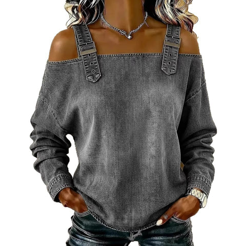 One-word tie shoulder strap long-sleeved top m303209