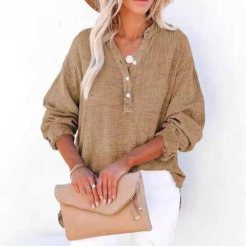 Pleated button long sleeve solid color top women's shirt loose cotton jumper m301576