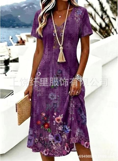 Printed women's v-neck short-sleeved temperament fashion dress m303046