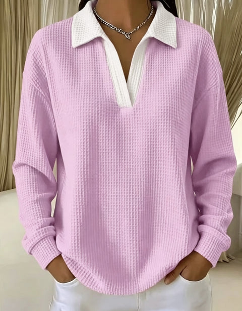 Waffle Contrast Long Sleeve Polo Top Women's m303233
