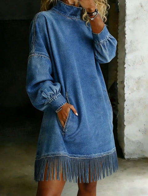 Loose long-sleeved denim dress fringed FF303450