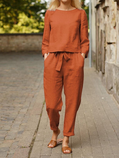 Leinenanzug Damenmode einfarbig lässig zweiteilig m300052 