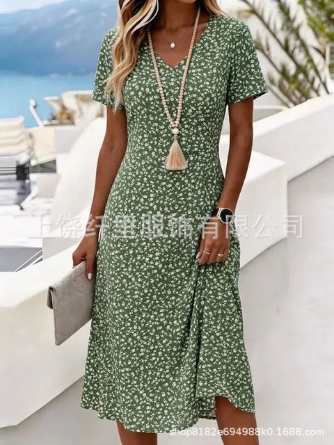 Printed women's v-neck short-sleeved temperament fashion dress m303046