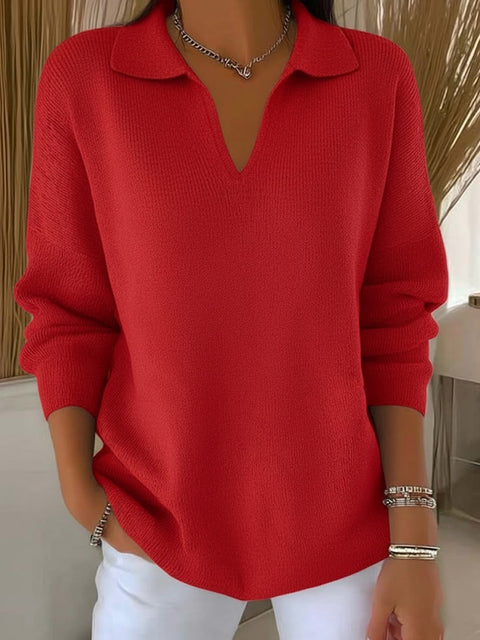 Digital printing women's lapel neck long-sleeved solid color knitted fleece sweater m302076