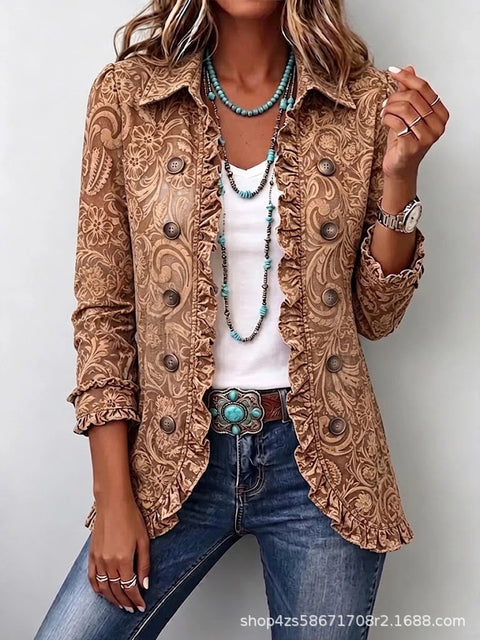 Women's fashion long-sleeved ruffle leaf open button cardigan FF303384 01
