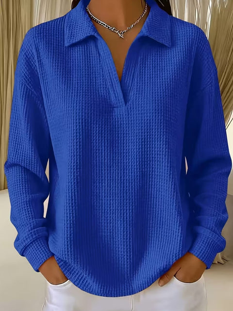 Waffle Lapel Long Sleeve Polo Top m303214