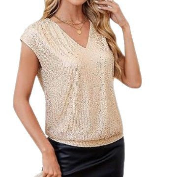 Ärmel Pailletten schlank V-Ausschnitt einfarbig Top T-Shirt Damen m300996 