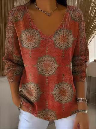 Shoulder V-neck long-sleeved autumn leaf 3D digital printing women's top FF303401