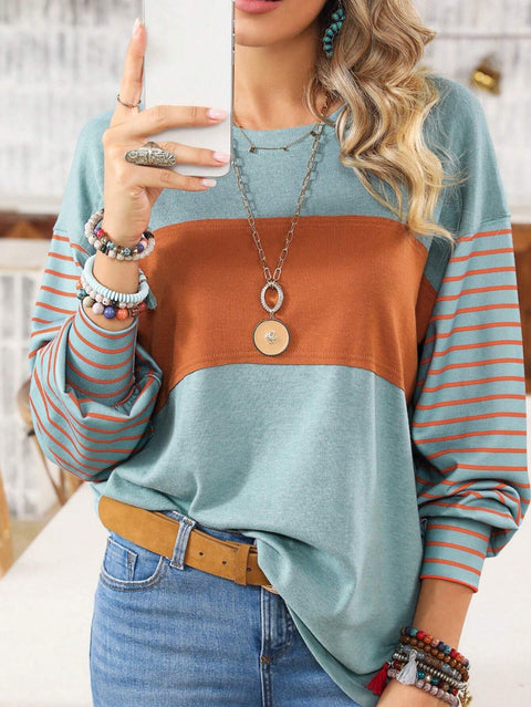 Pull col rond décontracté rayé contrastant à manches longues pour femme m300875 