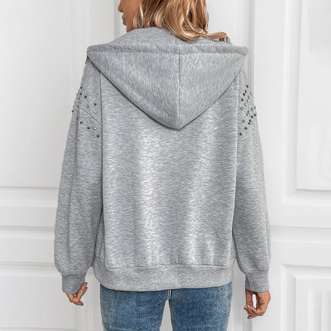 Mit kapuze lange ärmeln pullover herbst und winter einfarbig niet lässige mode pullover jacke frauen m300810 