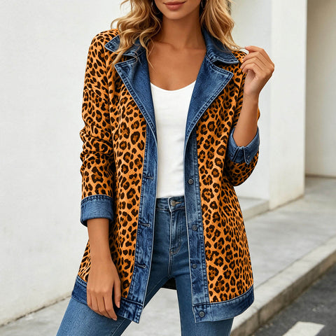 Leopard print denim jacket women's long-sleeved casual cardigan autumn loose jacket FF303339