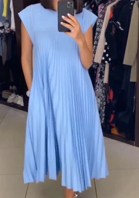 Robe plissée sans manches à col rond tendance m301308 