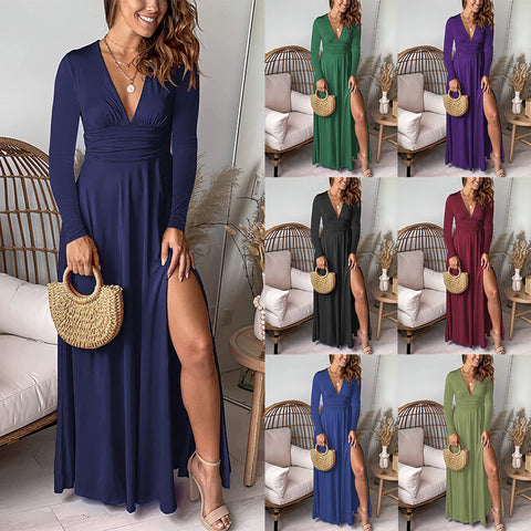 Plissiertes Abendkleid mit hoher Taille und Schlitz, einfarbiges Kleid m300723 