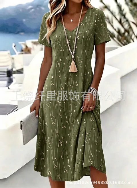 Printed women's v-neck short-sleeved temperament fashion dress m303046