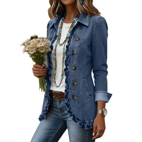 Jacket Edge Button Cardigan Women's Lapel Button Loose Casual Denim Jacket FF303254