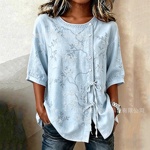 Temperament women's long-sleeved shirt printed top lace-up shirt m302925