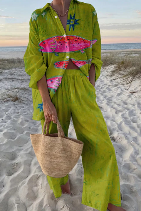 Linglong hemp fish shading casual suit loose sports wide-leg pants marine element casual shirt m303169