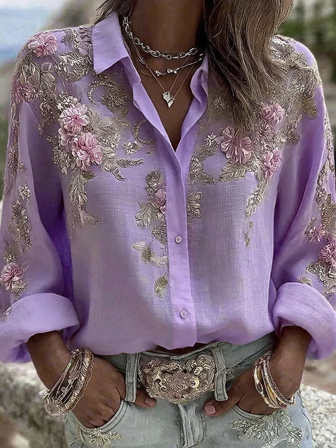 Flower lapel long-sleeved button-down women's shirt m303076