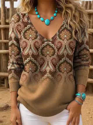 Shoulder V-neck Long Sleeve Pullover 3D Digital Printing Women's Top T-Shirt FF303430 02