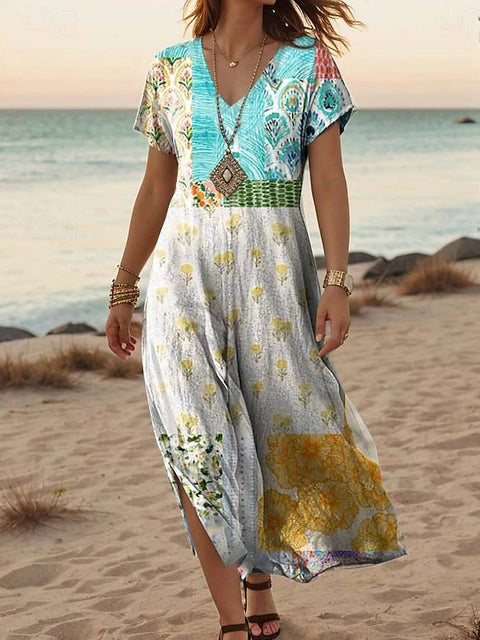 Kreative floral frauen sommer neue V-ausschnitt kurzarm kleid m301230 