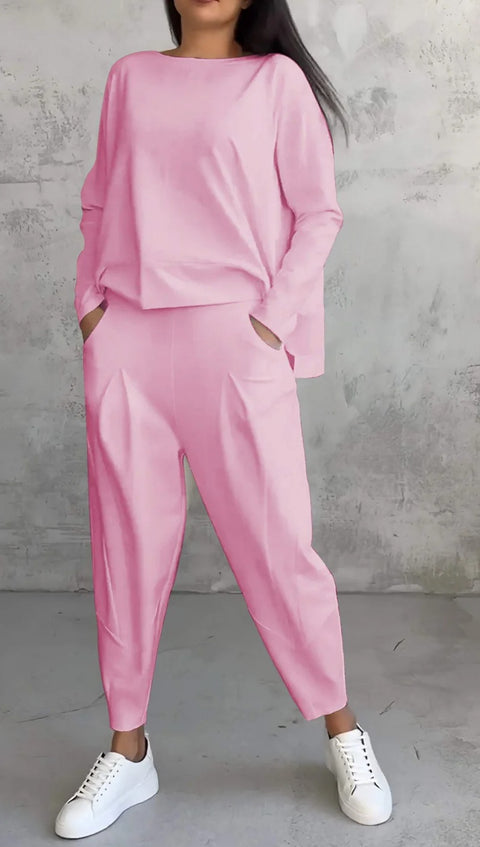 Women's solid color round neck long-sleeved suit women's pocket pants trousers m301510