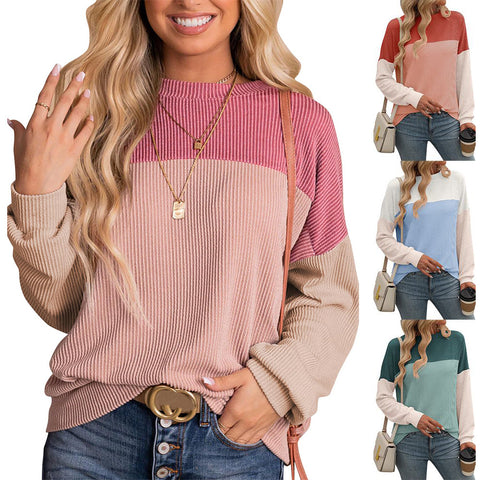 Neues Rundhals-Twist-Streifen-Farben-Matching-Langarm-loses T-Shirt für Damen m300963 