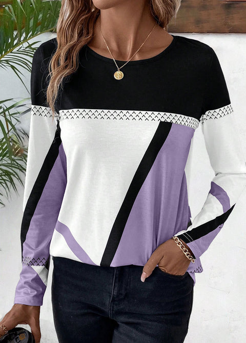 Pullover Rundhalsausschnitt Kontrastfarbe Spleißen Geometrisch bedrucktes Oberteil Damen T-Shirt m300874 